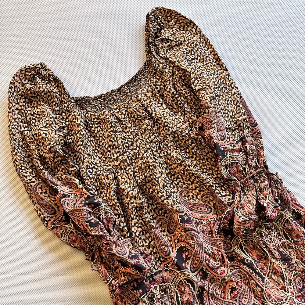 Maeve. Boho paisley dress with wide elastic neck.